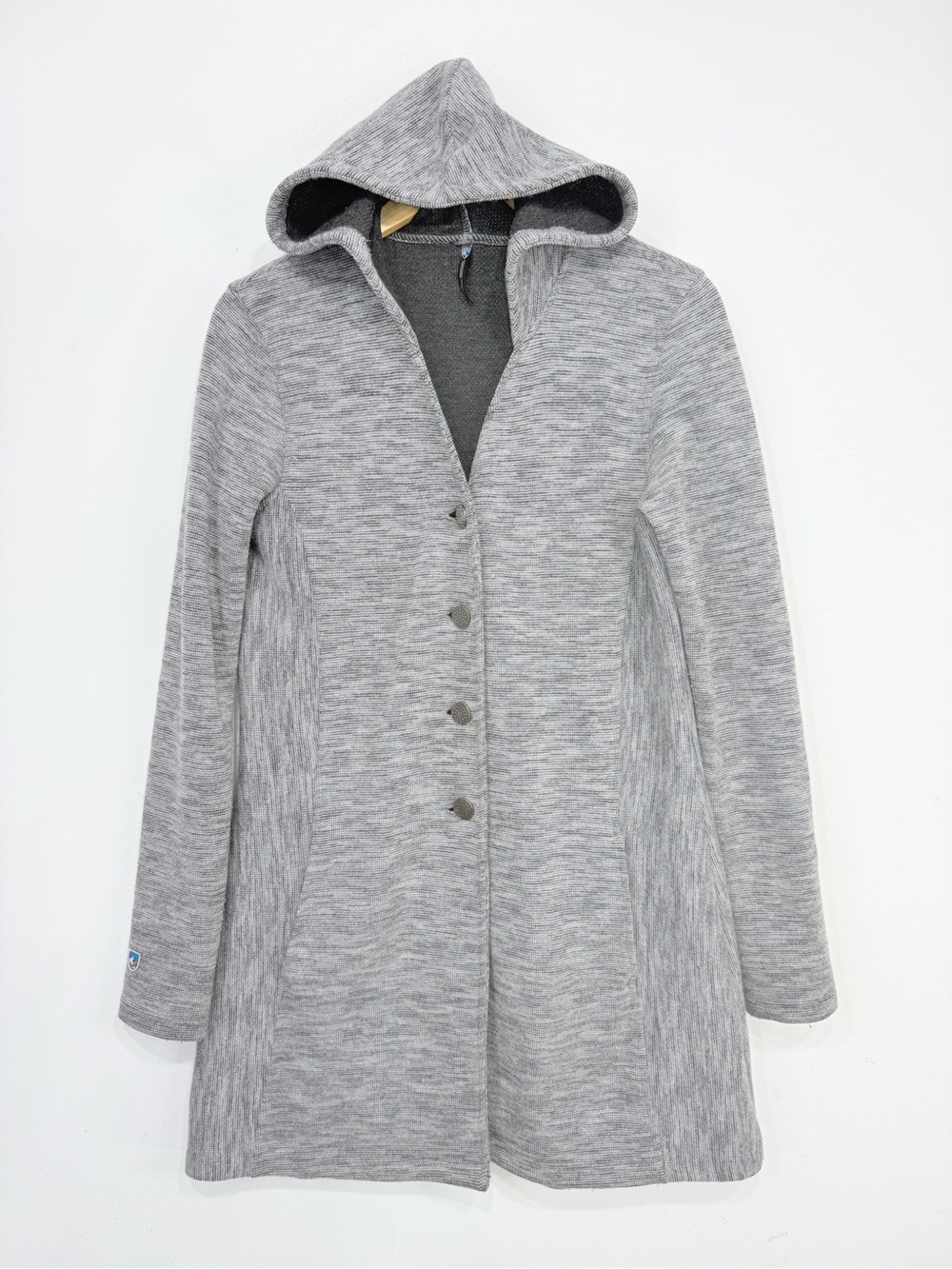 Kuhl ILSA Mottled Gray Wool Blend Button Front Hooded Knit Performance Jacket